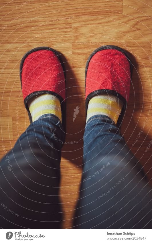 A view of red felt slippers VII Legs Jeans Ground CMYK Detail Felt Floor covering Feet Colour tone Guest Slippers Laminate Shuffle Footwear Stockings Blue Brown
