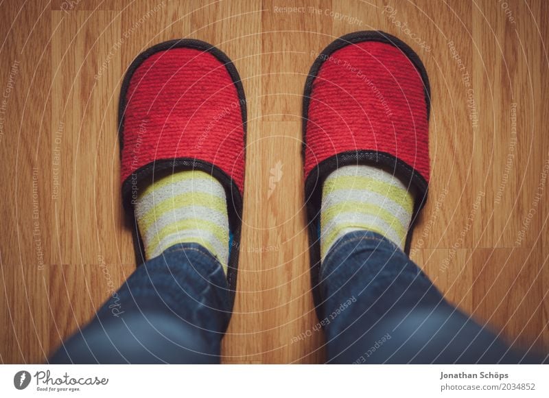 A view of red felt slippers III Legs Jeans Ground Floor covering CMYK Detail Felt Feet Colour tone Guest Slippers Laminate Shuffle Footwear Stockings Blue Brown
