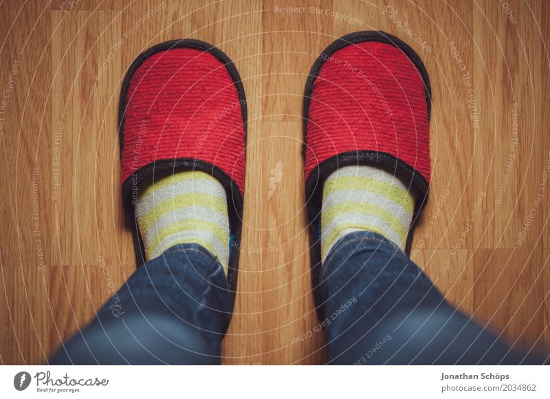 A view of red felt slippers I Warmth Stockings Footwear Slippers Under Blue Brown Yellow Red CMYK Felt Floor covering Laminate Shuffle Legs Jeans Ground Feet