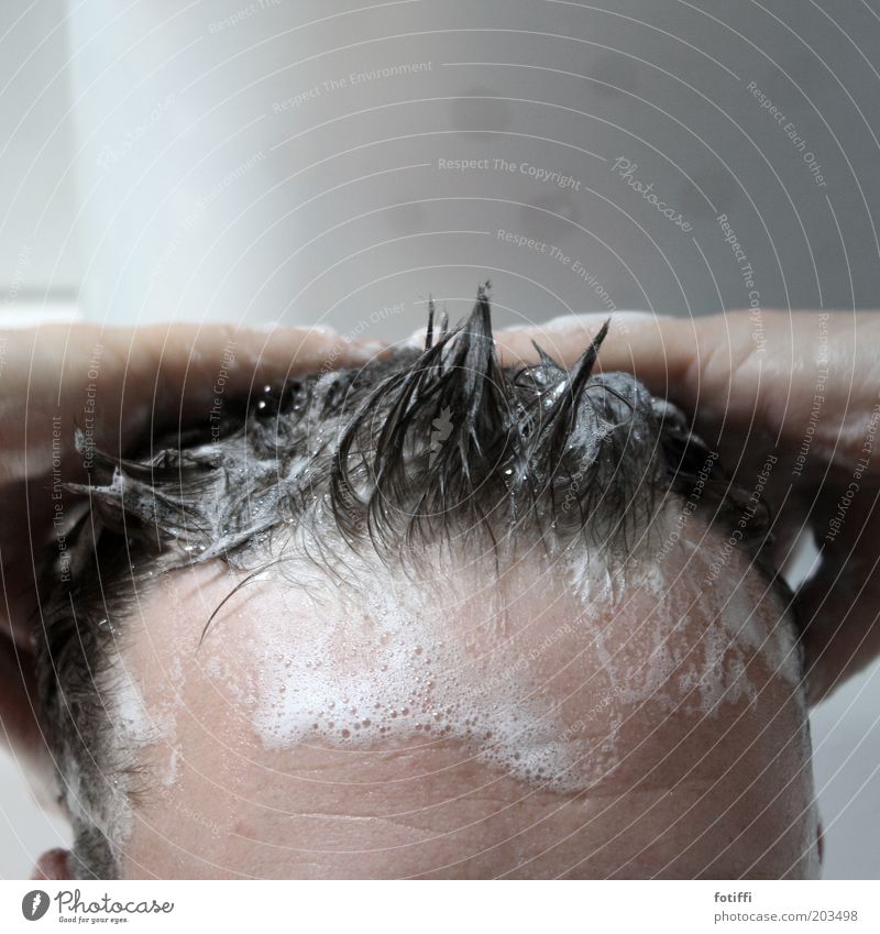 foam head Masculine Man Adults Skin Head Hair and hairstyles Forehead 1 Human being Wash Foam White Bubble Hand Spine Point Dark brown Subdued colour