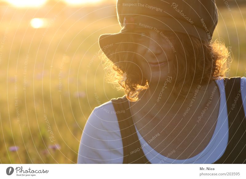 summer evening Woman Adults Head Hair and hairstyles Face Environment Nature Landscape Sunrise Sunset Sunlight Summer Field Cap Red-haired Curl Dream