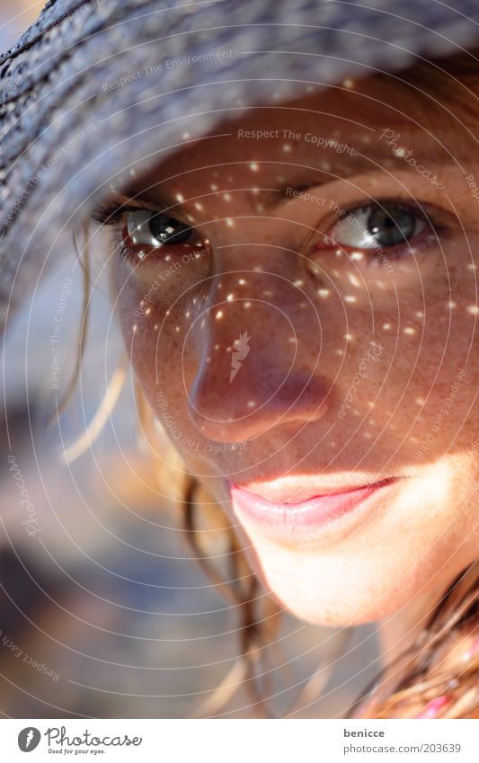 points Woman Human being Summer Vacation & Travel Point Shadow Hat Looking Looking into the camera Attractive Weather protection Portrait photograph Beautiful