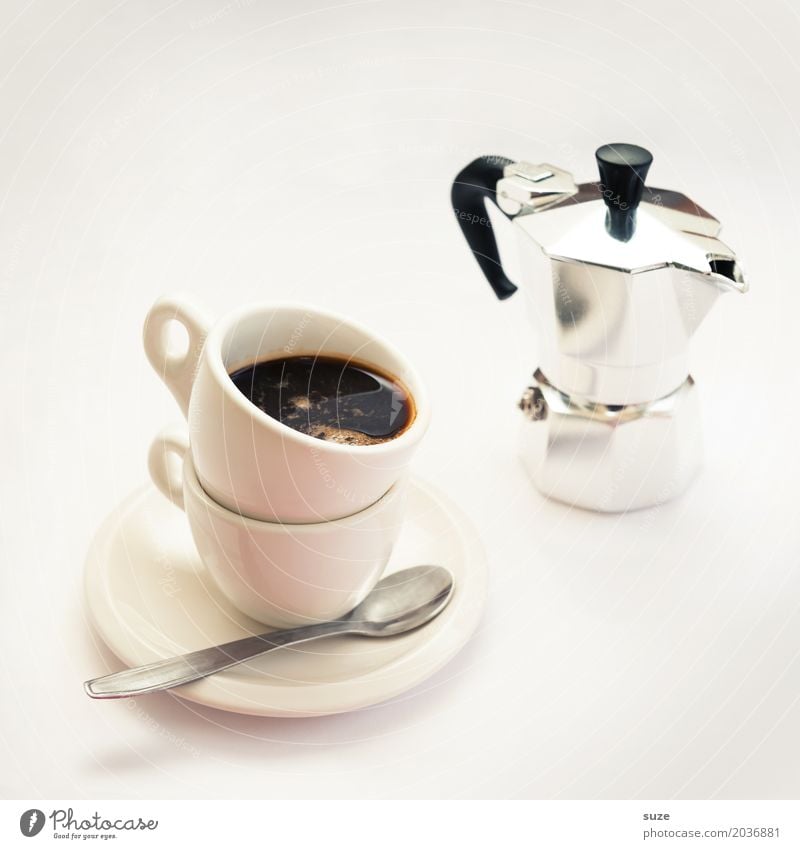 Elixir of life | Espresso doppio Food Beverage Coffee Cup Spoon Lifestyle Style Design Harmonious Gastronomy To enjoy Bright Funny Black White Debauchery