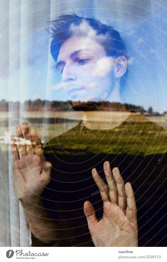 Young man looking nature through a window Lifestyle Masculine Youth (Young adults) 1 Human being 18 - 30 years Adults Art Environment Nature Landscape Air Sky
