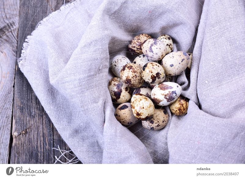 Group of quail eggs in a gray textile napkin Eating Breakfast Diet Table Easter Wood Fresh Small Natural Above Brown Gray Tradition spring Organic Farm Tasty