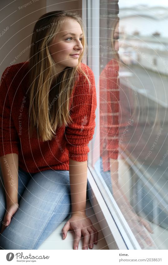 . Room Feminine Young woman Youth (Young adults) 1 Human being Industrial plant Window Jeans Sweater Blonde Long-haired Observe Smiling Looking Sit Friendliness