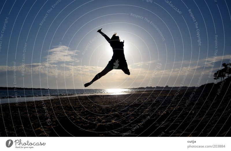 caper Woman Adults Air Water Sky Sun Summer Beach Movement To enjoy Jump Free Happy Infinity Positive Joy Contentment Joie de vivre (Vitality) Anticipation