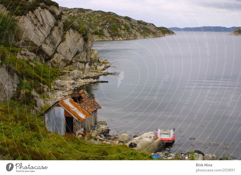 Norwegian Bay Environment Nature Landscape Air Water Fjord Deserted Hut Ruin Dinghy Broken Gloomy Gray Green Calm Loneliness Decline Past Transience