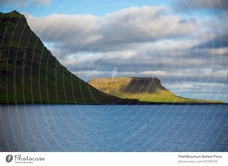 Iceland - Mountain Environment Nature Landscape Blue Green Black White Kirkjufell Sun Visual spectacle Clouds Moody Water Cliff Ocean Shadow Colour photo