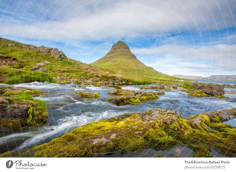Kirkjufell Environment Nature Landscape Blue Brown Yellow Green Turquoise White Mountain Iceland Water Brook Sky Clouds Landmark Moss Stone Travel photography