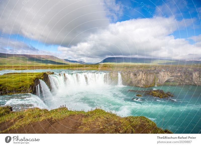 Godafoss II Environment Nature Landscape Blue Brown Green Turquoise Rock Waterfall Torrents of water Iceland Grass Attraction Wet Clouds Tourism