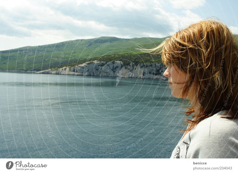 vieW Woman Human being Youth (Young adults) Vantage point Ocean Vacation & Travel Water Looking Loneliness Perspective Wind Panorama (View) Beach Trip Profile