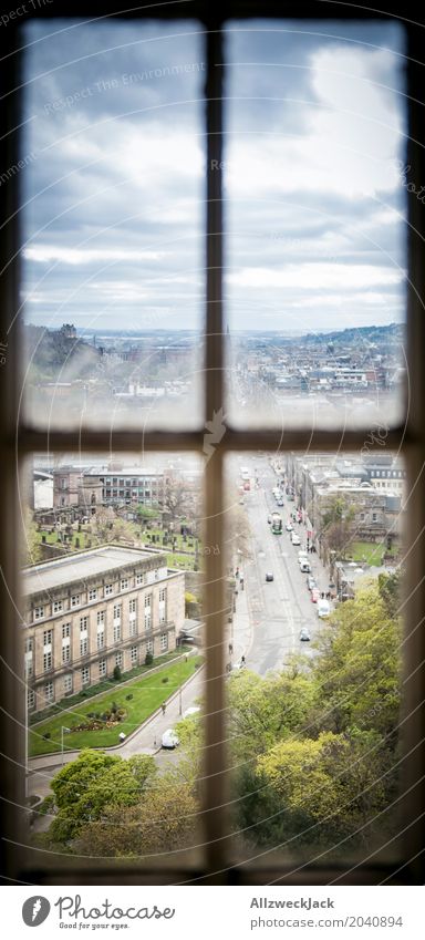 through the window Edinburgh Scotland Town Downtown Old town Window Road traffic Dark Blue Green Vantage point View from a window Storm clouds Vacation & Travel