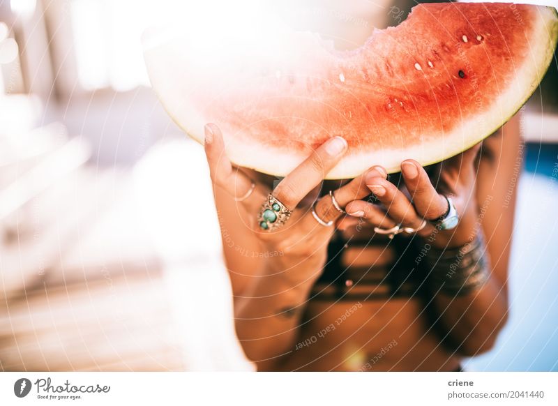 Woman in bikini holding fresh watermelon in her hands Fruit Nutrition Eating Lifestyle Healthy Eating Swimming pool Vacation & Travel Summer Feminine