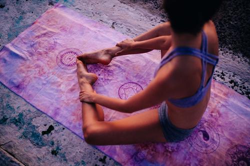 Young caucasian woman meditating on yoga mat outdoor Lifestyle Body Healthy Health care Athletic Fitness Wellness Relaxation Meditation Leisure and hobbies