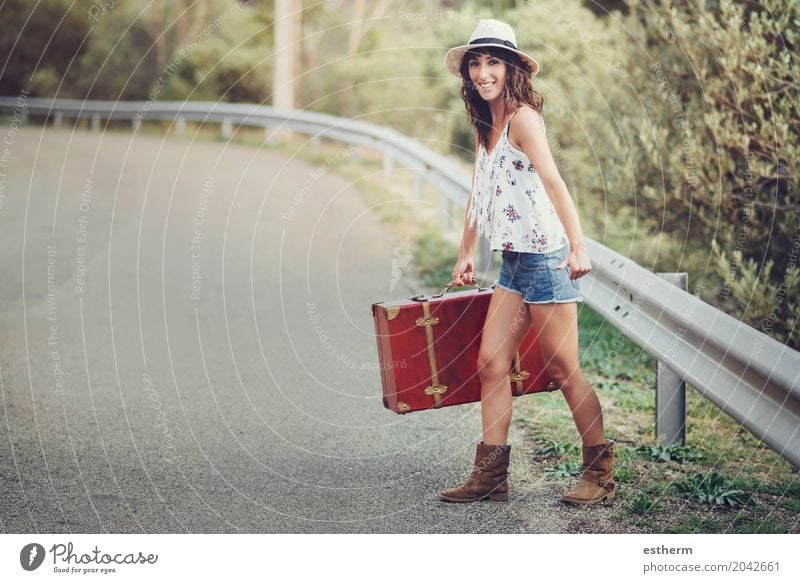 Young girl with a suitcase on the road Lifestyle Style Happy Beautiful Vacation & Travel Tourism Trip Adventure Freedom Sightseeing Summer Summer vacation