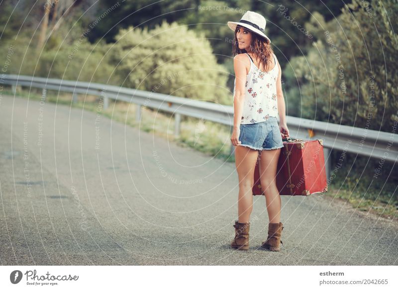 Young girl with a suitcase on the road Lifestyle Vacation & Travel Tourism Trip Adventure Freedom Sightseeing Summer Summer vacation Human being Feminine