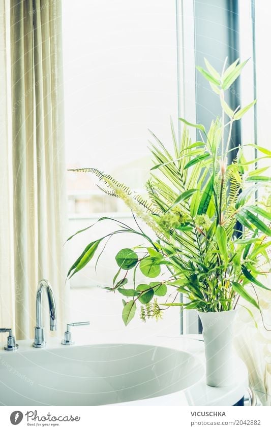 Green plants in a white vase in the bathroom Lifestyle Luxury Style Design Summer Living or residing Flat (apartment) House (Residential Structure)