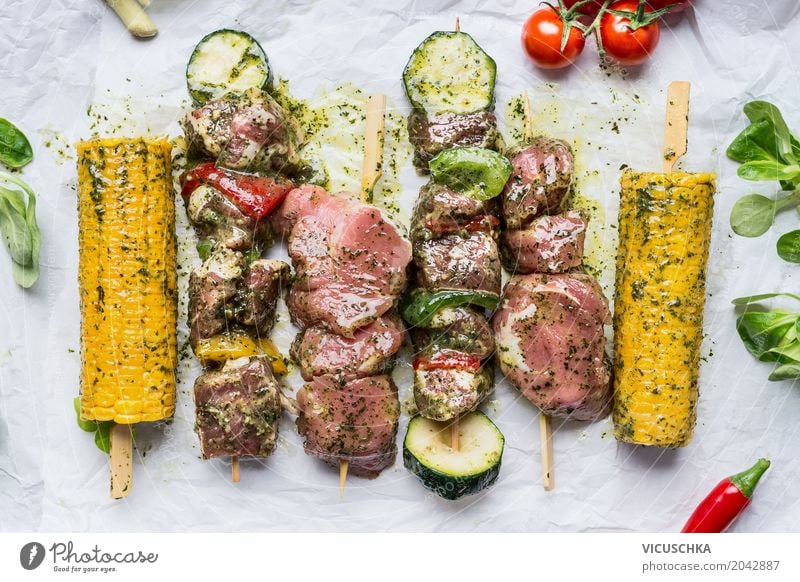 Meat skewers with vegetables and corn on the cob for grilling Food Vegetable Herbs and spices Nutrition Banquet Picnic Organic produce Style Design