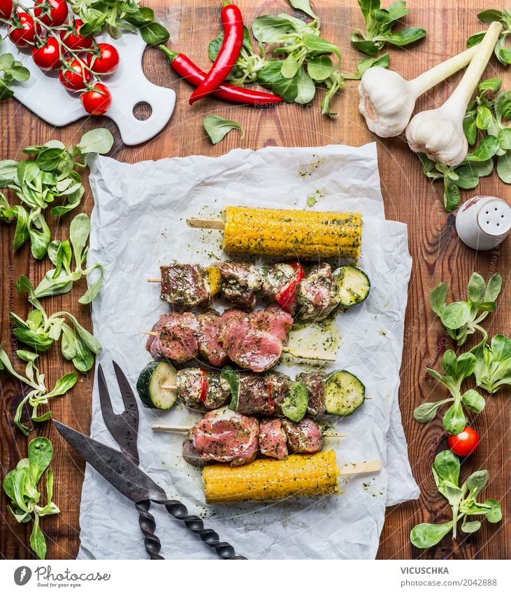 Meat skewers for grill with vegetables and corn on the cob Food Vegetable Lettuce Salad Nutrition Banquet Picnic Organic produce Cutlery Style Design Summer