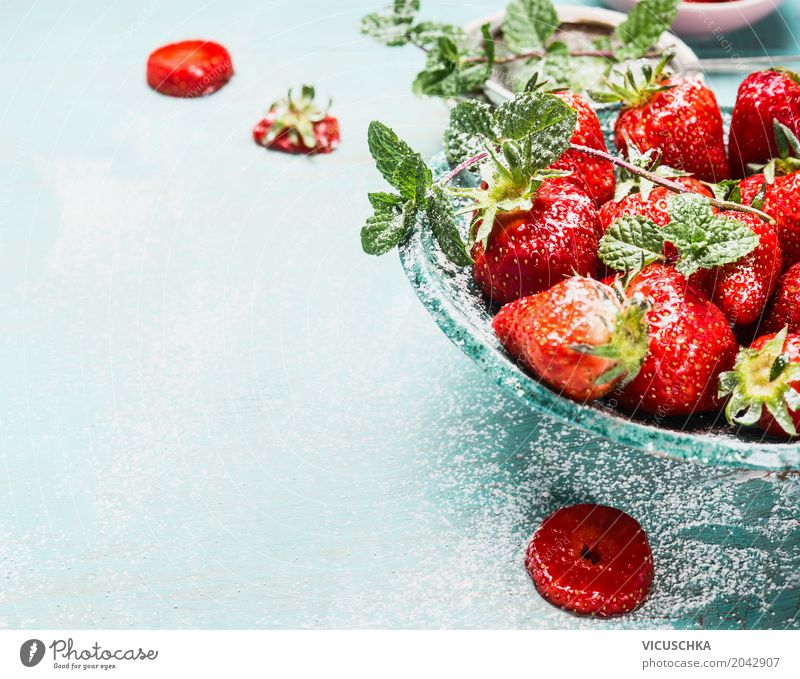 Bowl with strawberries Food Fruit Dessert Style Design Healthy Eating Life Summer Living or residing Garden Table Nature Strawberry Turquoise Blue