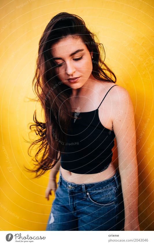 Portrait of young caucasian woman in front of yellow wall Lifestyle Joy Leisure and hobbies Summer Human being Feminine Young woman Youth (Young adults) Woman