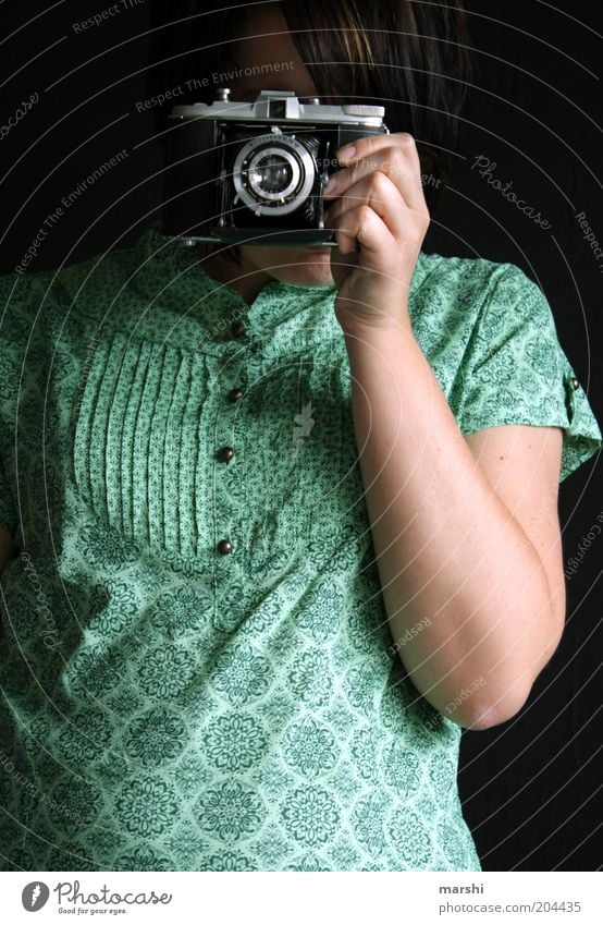 Click Click Style Leisure and hobbies Human being Feminine Woman Adults 1 Artist Old Moody Camera Photographer Photography Take a photo Analog Blouse Green