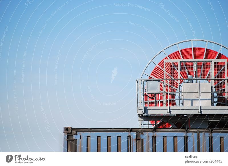 Don't lose the red thread .... Container cable reel Cable Spokes Handrail Sky Logistics Sharp-edged Above Round Blue Red Coil Colour photo Exterior shot