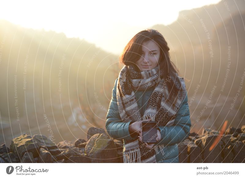 Cool morning Feminine Young woman Youth (Young adults) Air Sun Sunrise Sunset Sunlight Spring Autumn Beautiful weather Lightning Hill Rock Sweater Scarf