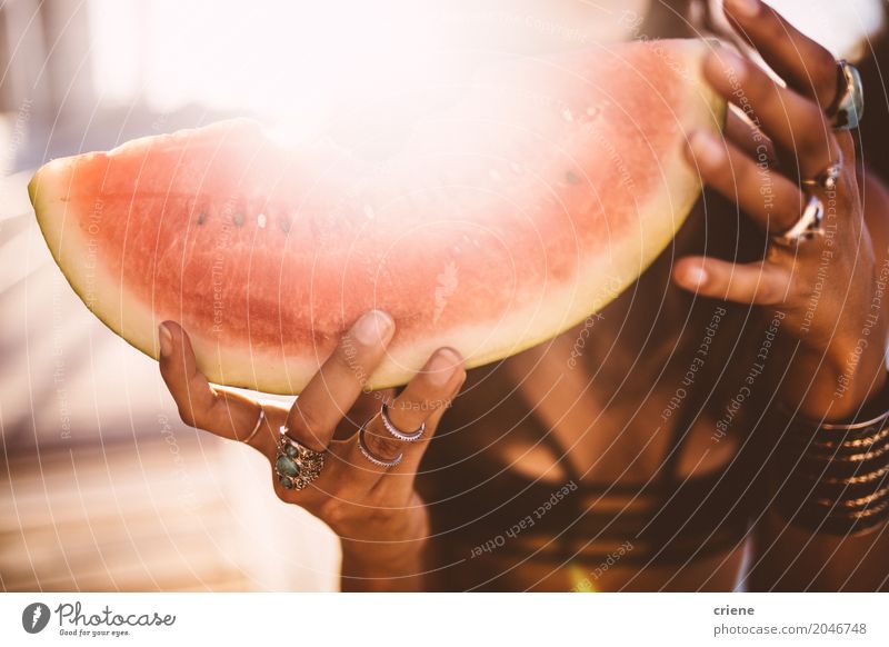 Close-up of woman holding slice of watermelon Food Fruit Nutrition Eating Vacation & Travel Summer Summer vacation Sun Sunbathing Woman Adults Hand Bikini
