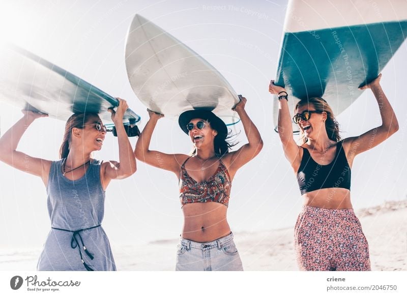 Happy young adult friends having fun at the beach surfing Lifestyle Joy Leisure and hobbies Vacation & Travel Adventure Freedom Summer Summer vacation Sun