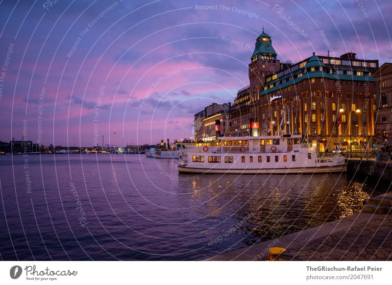 ship Town Capital city Blue Violet Orange Turquoise White Stockholm Hotel Manmade structures Watercraft Sweden Clouds Twilight Building Light Harbour
