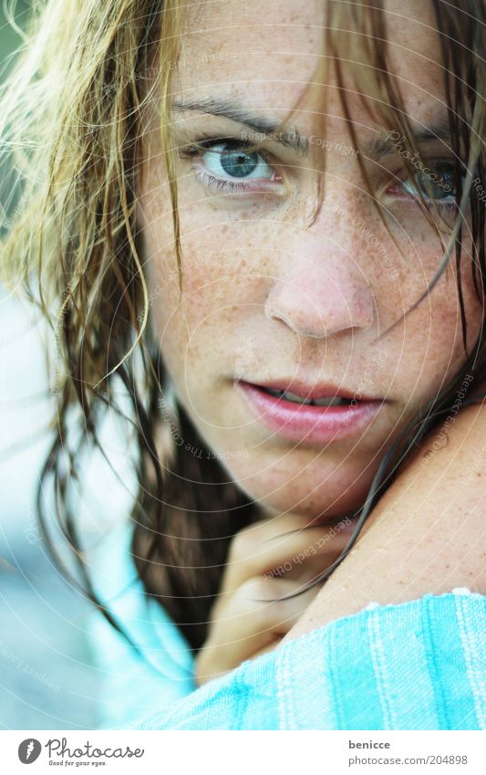 wet hair Woman Human being Wet Portrait photograph Looking into the camera Towel Summer Exterior shot Freckles Youth (Young adults) Face Young woman