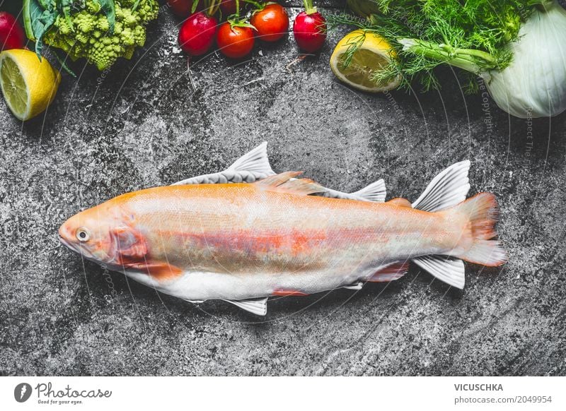 Fresh whole golden rainbow trout with vegetables Food Fish Vegetable Herbs and spices Cooking oil Nutrition Lunch Organic produce Vegetarian diet Diet Style