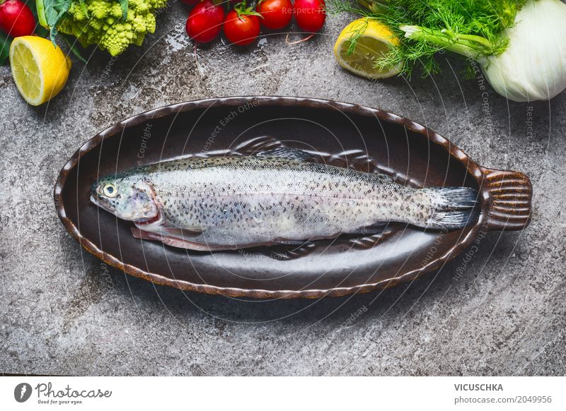 Whole trout in baking tin Food Fish Vegetable Nutrition Organic produce Vegetarian diet Diet Crockery Style Design Healthy Eating Life Table Kitchen Trout