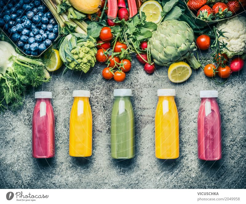 Colourful smoothies or juices in bottles with fresh ingredients Food Vegetable Fruit Organic produce Vegetarian diet Diet Beverage Cold drink Lemonade Juice
