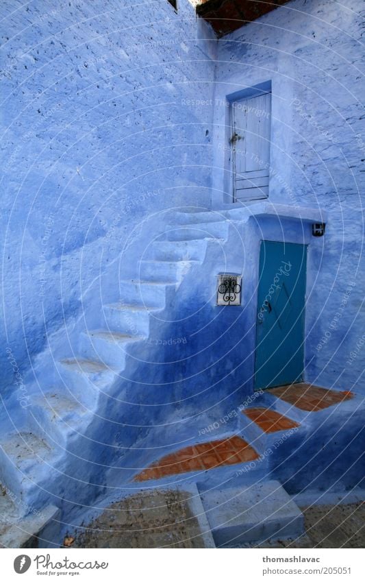 Blue house Chechaouen Morocco Africa Village Old town House (Residential Structure) Building Wall (barrier) Wall (building) Stairs Facade Door Vacation & Travel