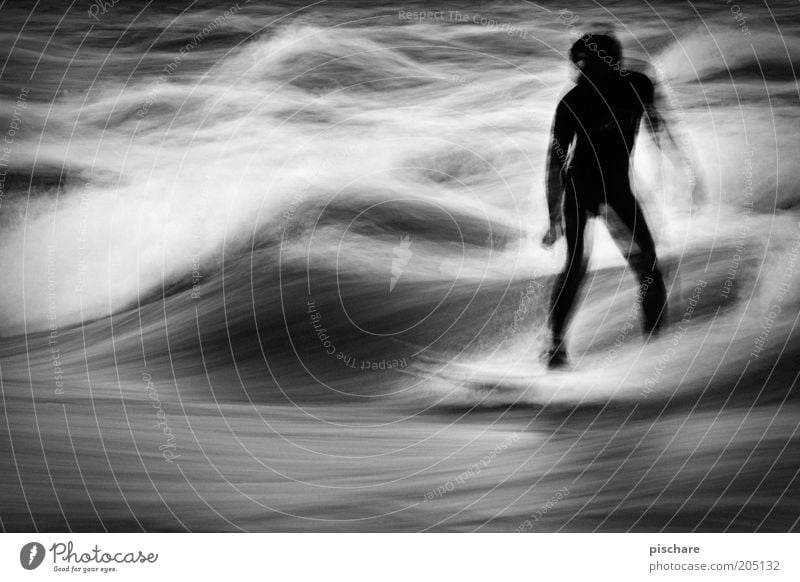 go with the flow Leisure and hobbies Sports Aquatics Masculine 1 Human being Water Waves Movement Esthetic Surfing Flow Graphic Black & white photo