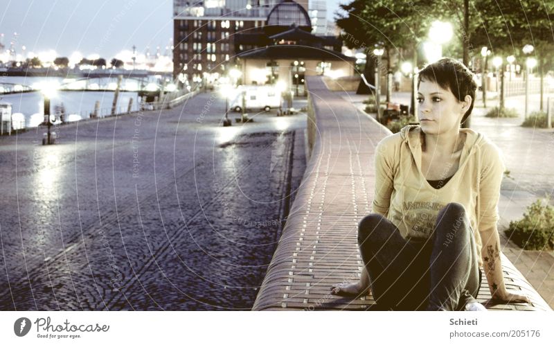 own the night I Feminine Young woman Youth (Young adults) 1 Human being Water Night sky Hamburg Port City Harbour Tattoo Brunette Short-haired Observe Think Sit