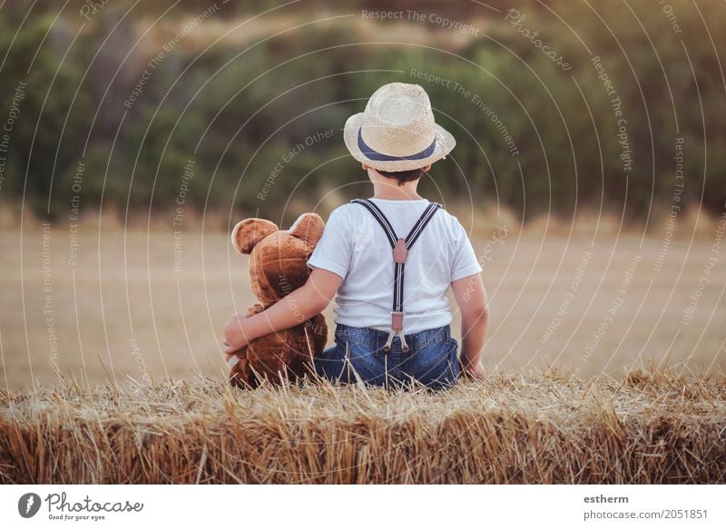 Boy hugging teddy bear in the wheat field Lifestyle Leisure and hobbies Children's game Human being Toddler Boy (child) Infancy 1 3 - 8 years Agricultural crop