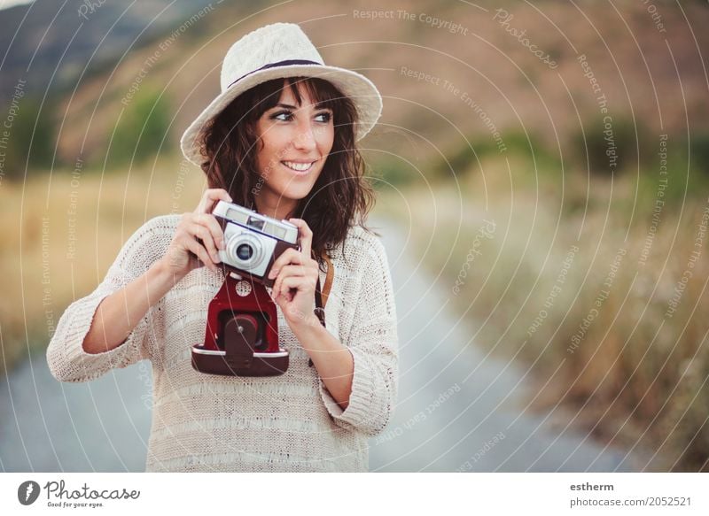 Smiling girl with camera in the field Lifestyle Elegant Style Wellness Vacation & Travel Tourism Trip Adventure Freedom Camera Human being Feminine Young woman