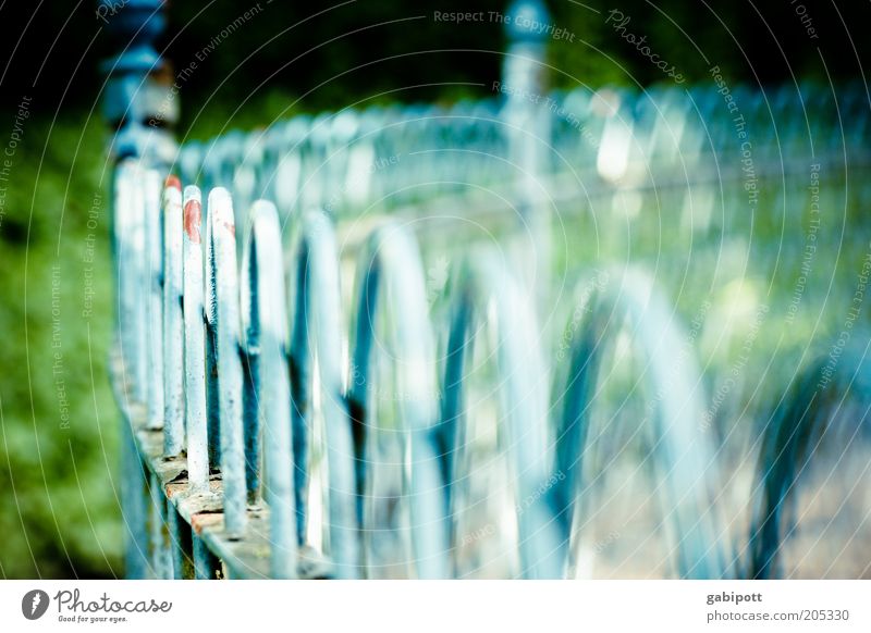 shallow depth of field Handrail Fence Fence post Iron Blue Green Decline Round Thorough Barrier Boundary Colour photo Exterior shot Deserted Day Sunlight