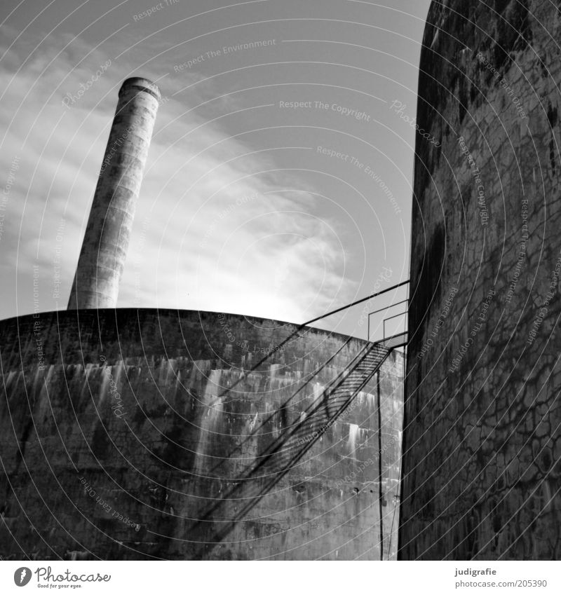 Iceland Economy Factory Manmade structures Chimney Old Broken Transience Change Fish  factory Stairs Concrete Sky Clouds Black & white photo Exterior shot