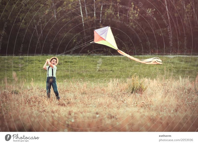 Boy with kite. Child flying kite on nature Lifestyle Adventure Freedom Summer vacation Human being Toddler Boy (child) Infancy 1 3 - 8 years Nature Spring Park