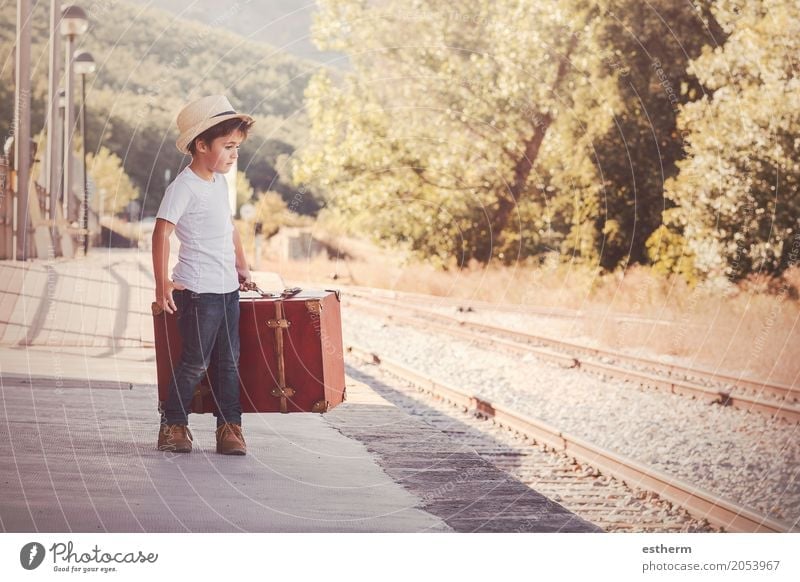Boy with suitcase waiting for the train Lifestyle Vacation & Travel Tourism Trip Adventure Freedom Summer vacation Human being Child Toddler Boy (child) Infancy