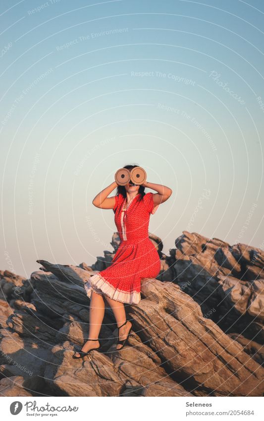 Thanks to Photocase this is Human being Feminine Woman Adults Eyes 1 Nature Cloudless sky Sun Sunrise Sunset Summer Beautiful weather Rock Coast Dress Observe