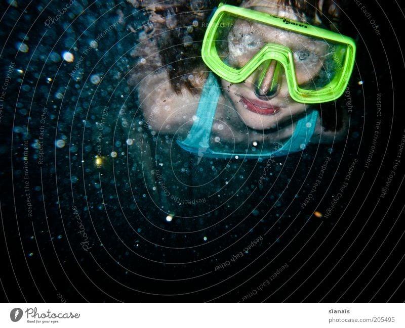 Blurred Summer vacation Aquatics Dive Child Girl Water Cold Diving goggles Diver Misted up Diffuse Dreary Emerge Perspective Looking Amazed Air bubble Neon Blue