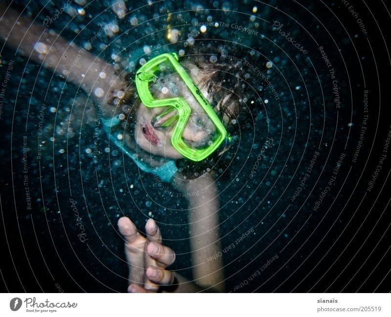 immersion Summer vacation Aquatics Dive Child Girl Water Cold Diving goggles Diver Misted up Diffuse Dreary Emerge Perspective Looking Amazed Air bubble Neon