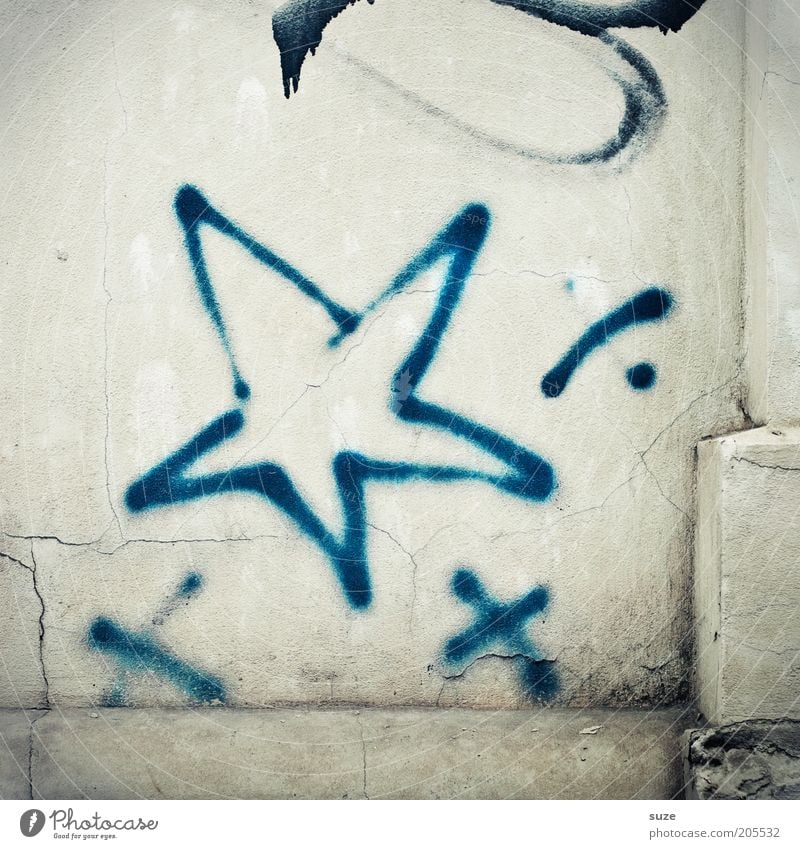 3 crosses, 1 star Stars Facade Sign Graffiti Blue White Wall (building) Star (Symbol) Symbols and metaphors Daub Plaster Crucifix Art Colour photo Exterior shot