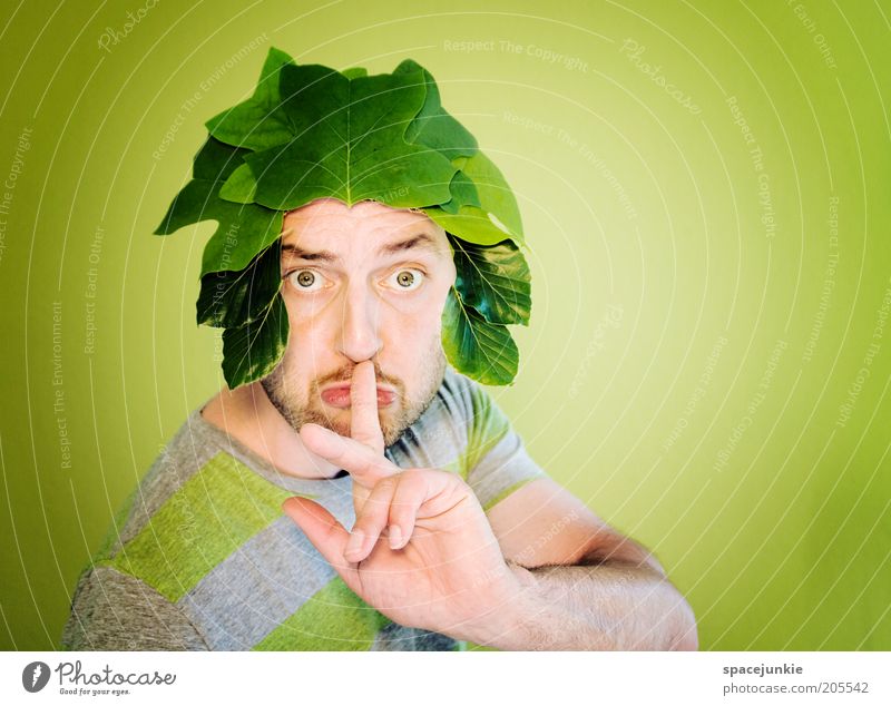 Shh... Shh. Masculine Man Adults Head Eyes Facial hair Fingers 1 Human being 30 - 45 years Plant Leaf Foliage plant Green Wig Calm Colour photo Interior shot